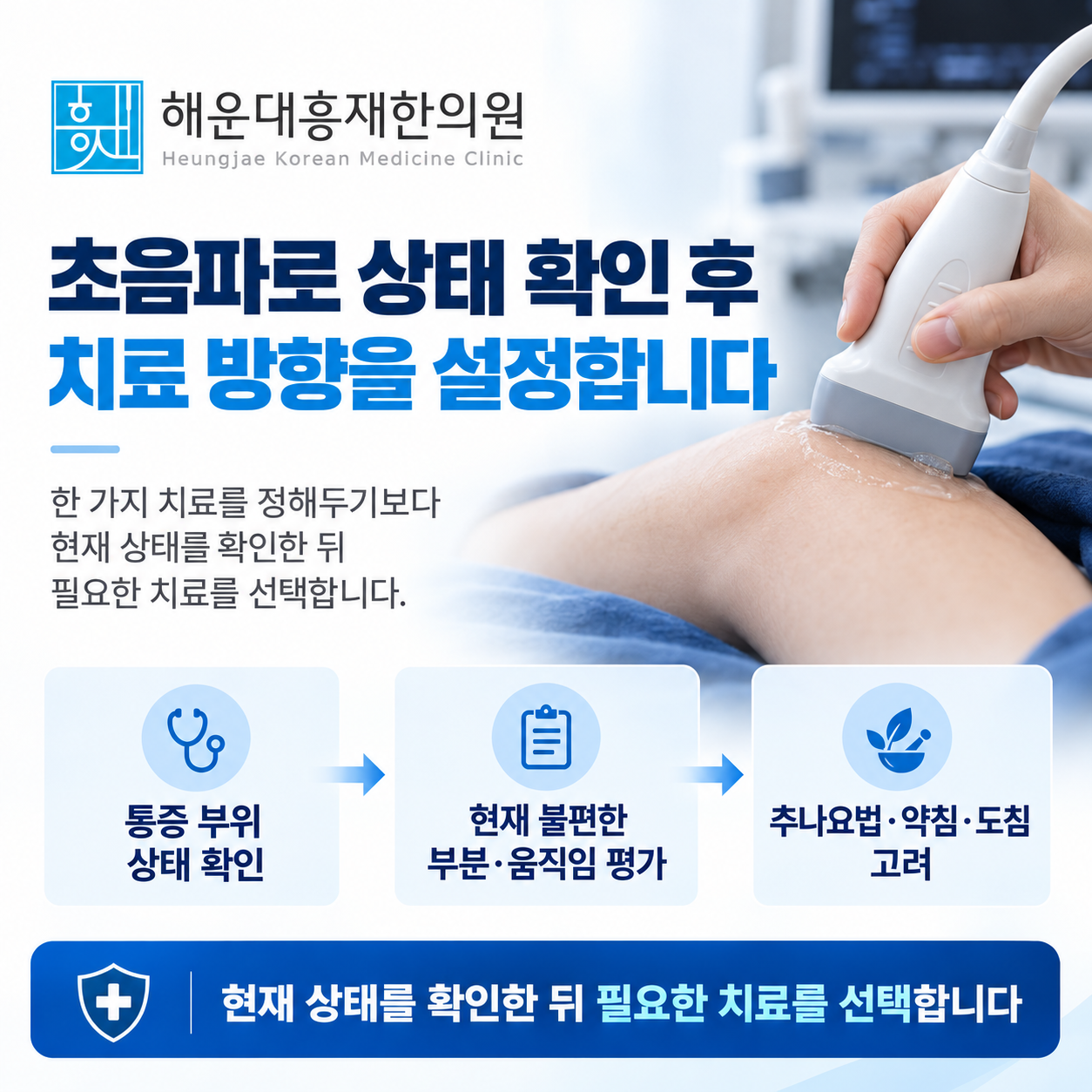 초음파를 이용해 불편한 부위의 상태를 살펴보는 과정을 표현한 이미지